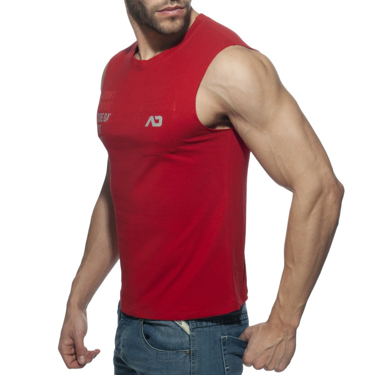 Red sleeveless athletic tank top with a small white logo on the chest from proud 2 be gay t-shirt collection