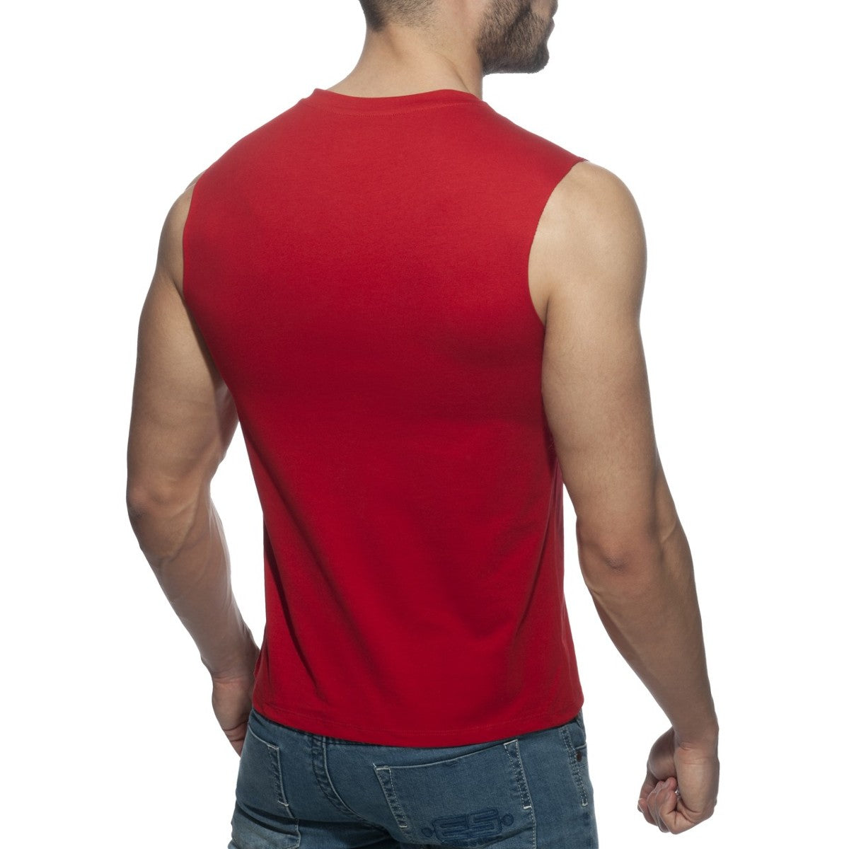 A vibrant red sleeveless cotton tank top with a simple round neckline from the proud 2 be gay t-shirt collection