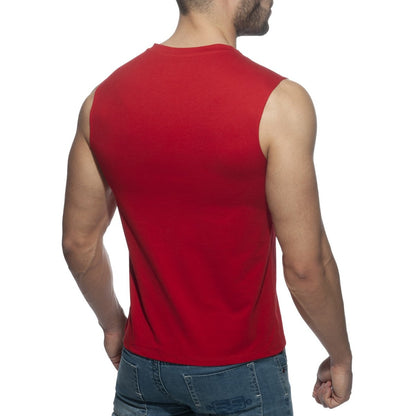 A vibrant red sleeveless cotton tank top with a simple round neckline from the proud 2 be gay t-shirt collection