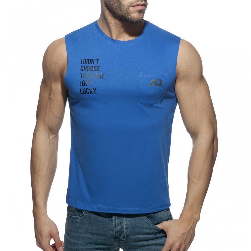 Blue sleeveless tank top with black text reading i didnt choose to be gay from proud 2 be gay t shirt collection