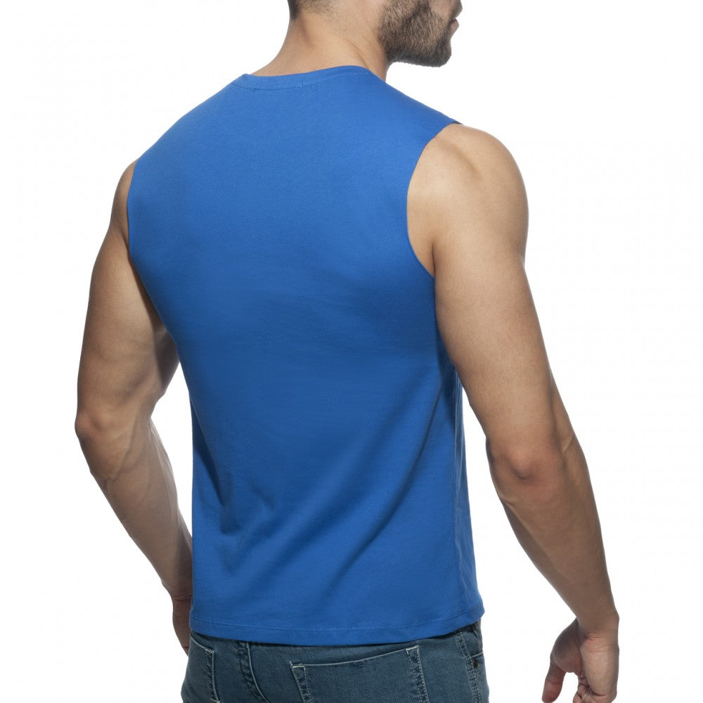 A vibrant royal blue sleeveless tank top with a round neckline and smooth fitted fabric from proud 2 be gay t shirt collection