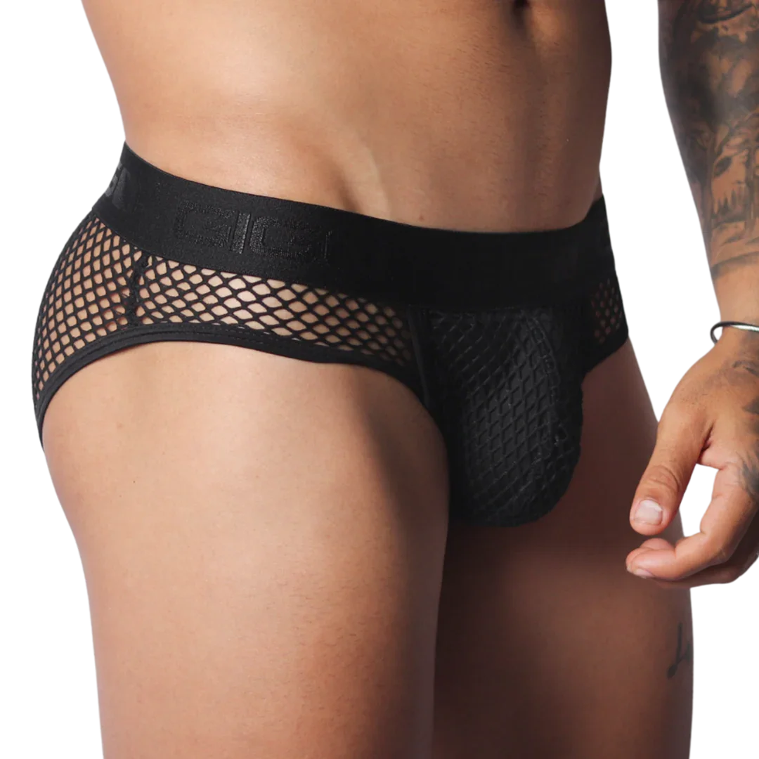Black fishnet brief with a branded elastic waistband and supportive pouch, featuring a provocative cut.