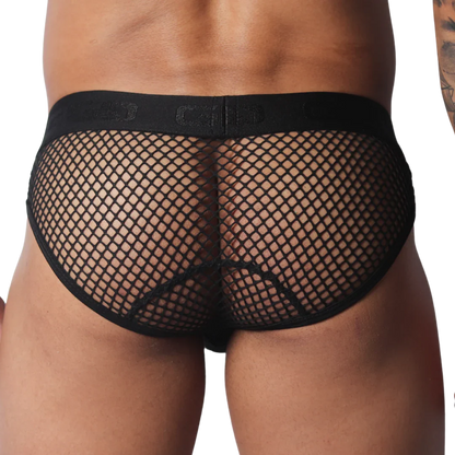Black fishnet briefs with a branded elastic waistband and back-seam detail.