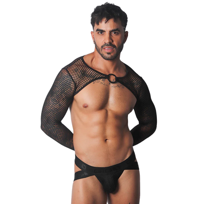 Black mesh bolero harness with long sleeves and a center O-ring, worn over a branded elastic jockstrap.