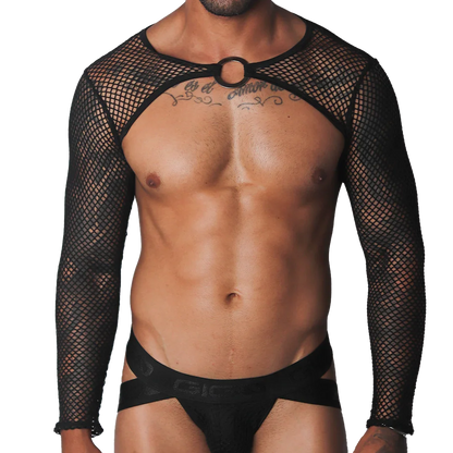 Black fishnet long-sleeve harness with a central metallic O-ring collar and matching black athletic jockstrap.