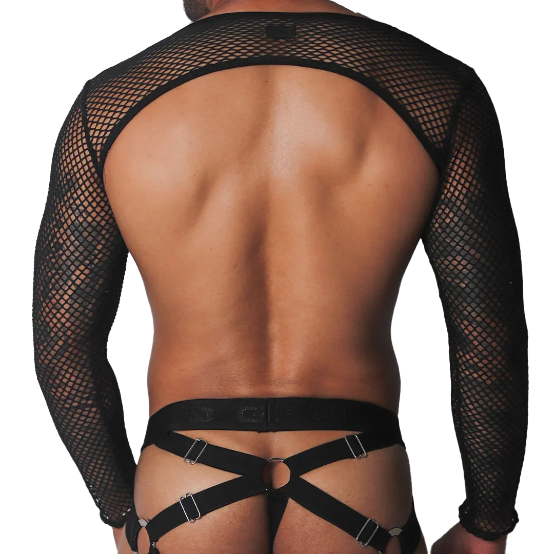 Black fishnet long-sleeve crop top paired with an elastic harness featuring silver rings and adjustable straps.
