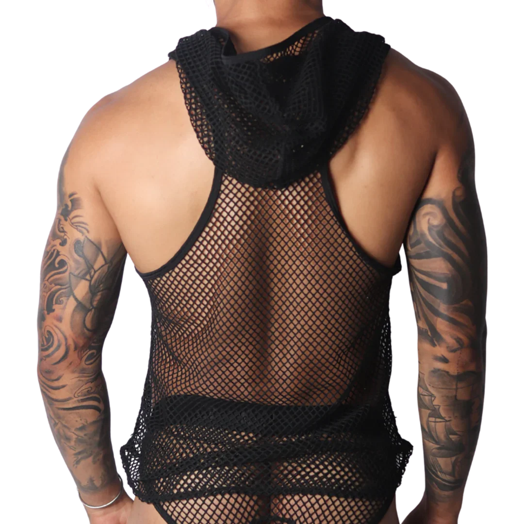 Black fishnet sleeveless hooded tank top with a racerback design and raw trim edges.