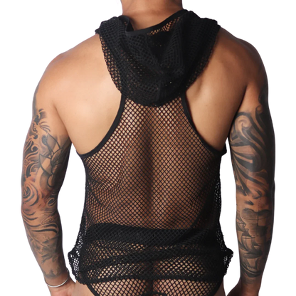 Black fishnet sleeveless hooded tank top with a racerback design and raw trim edges.