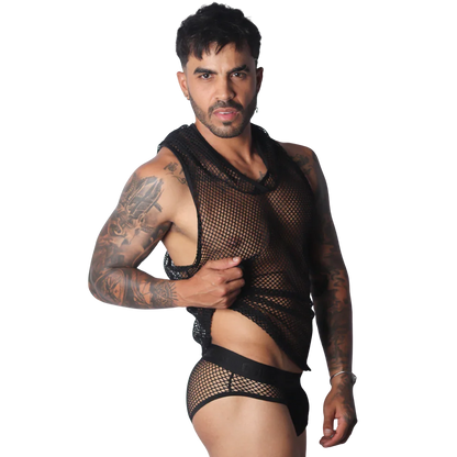 Sleeveless black mesh hooded shirt with a wide neck and athletic fit, shown on a tattooed model.