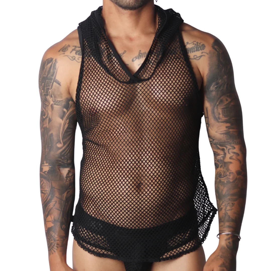 Black sleeveless fishnet hooded tank top featuring a wide neckline and athletic mesh design.