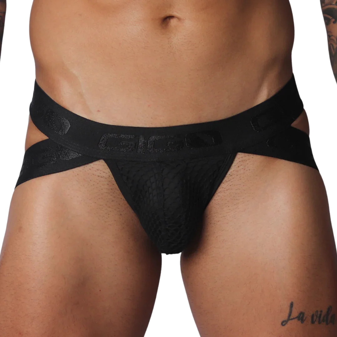 Black jockstrap with textured mesh pouch and crisscross elastic waistband featuring Gigo logo branding.