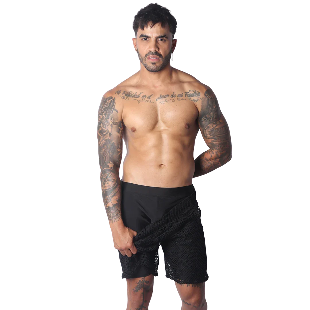 Form-fitting black athletic shorts featuring a layered design with a sheer, open-mesh outer panel.