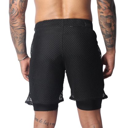 Black athletic shorts featuring a layered design with a loose, wide-gauge mesh outer layer over solid fitted liners.