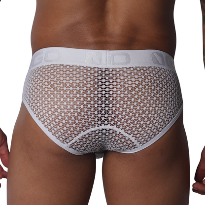 White mesh brief with a geometric pattern, featuring a wide elastic waistband with GIGO logo lettering.