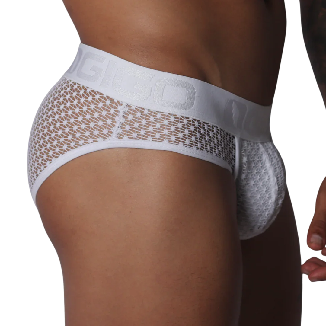 White mesh brief with a wide, branded elastic waistband and contoured pouch, featuring a decorative geometric pattern.