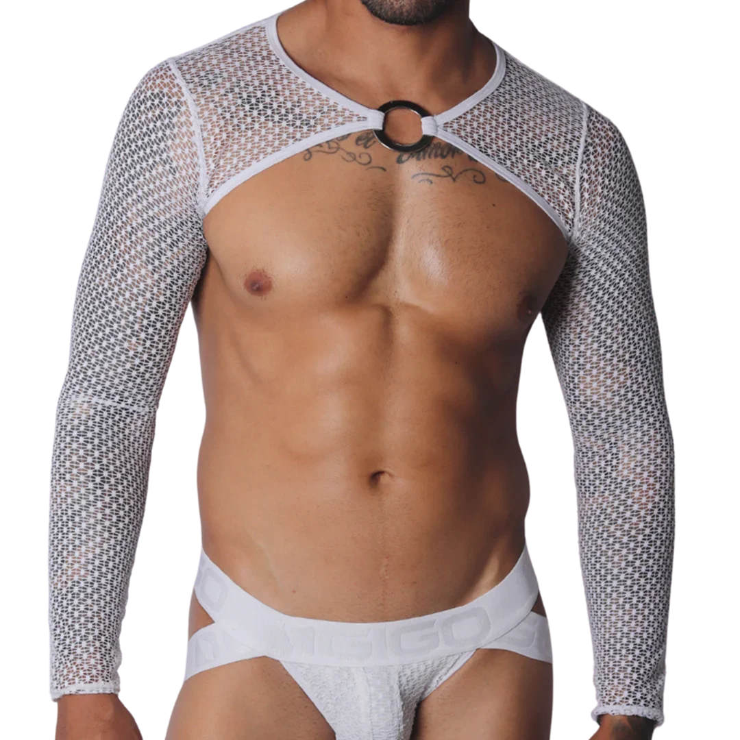 White mesh long-sleeve harness with a central silver O-ring connector and cutout chest design.
