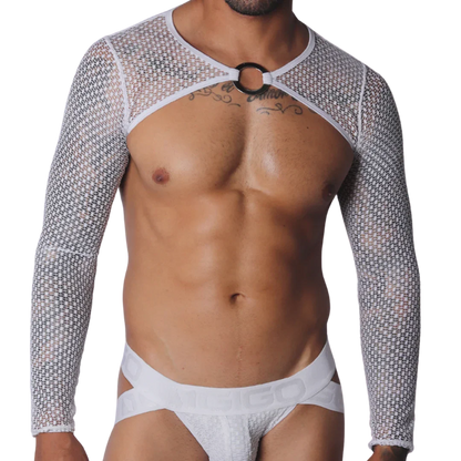 White mesh long-sleeve harness with a central silver O-ring connector and cutout chest design.