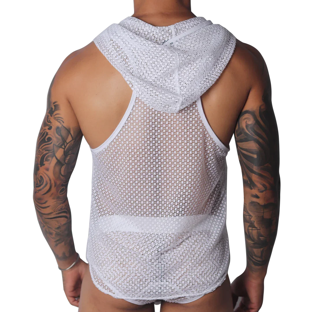 White sleeveless hooded shirt in a sheer, geometric mesh fabric with racerback styling.