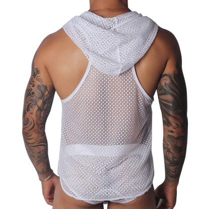 White sleeveless hooded shirt in a sheer, geometric mesh fabric with racerback styling.