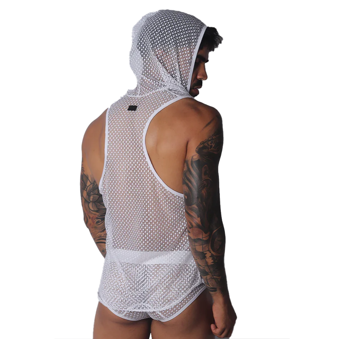 White sleeveless mesh hoodie tank top for men with a racerback design and athletic fit.