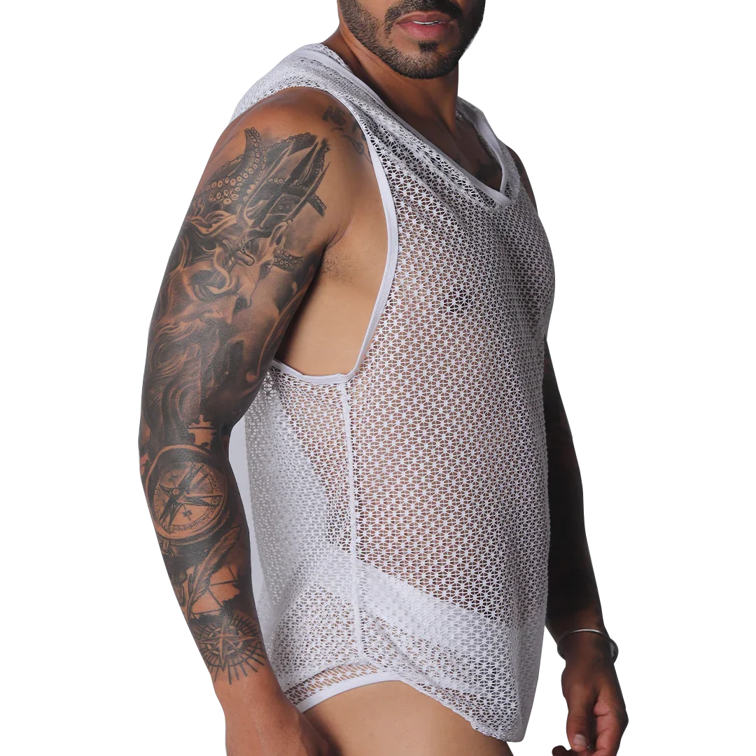 White sleeveless hoody shirt in sheer, open-knit geometric mesh fabric with deep armholes.