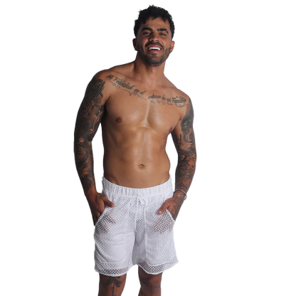 White short, athletic fit shorts in sheer, open-weave mesh fabric with an elastic waistband and side pockets.