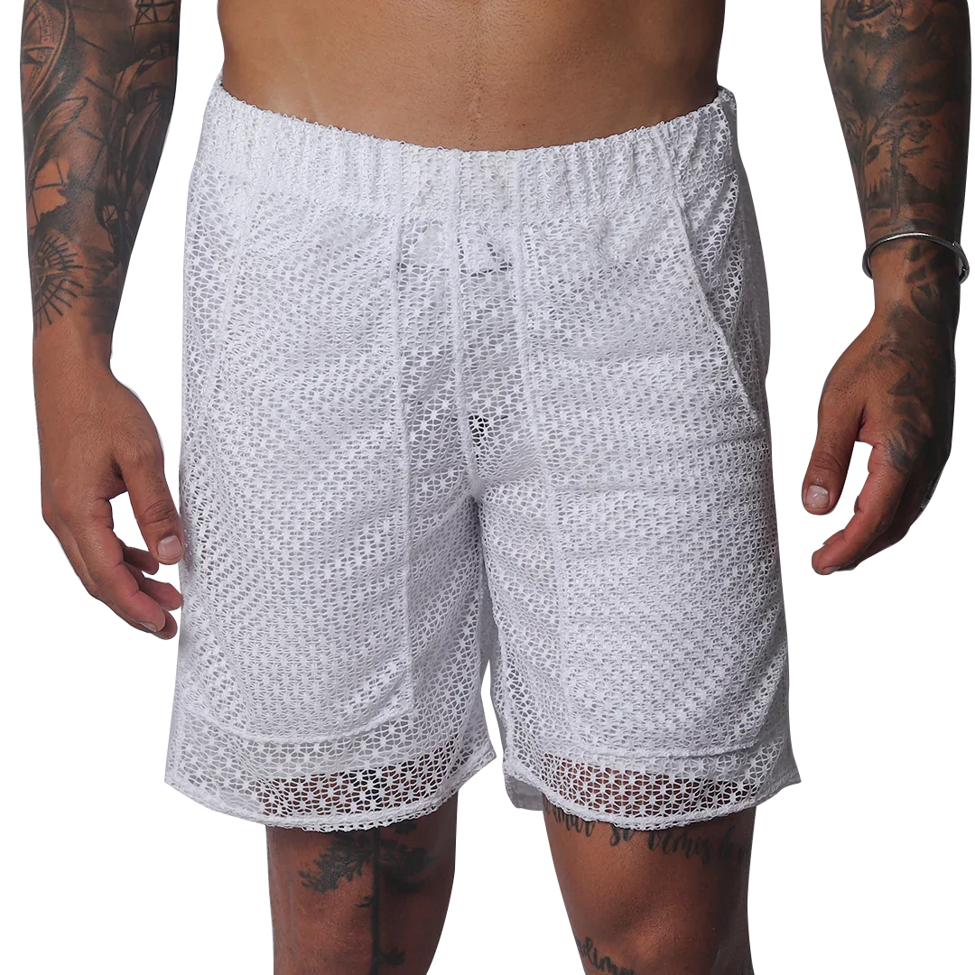 White short athletic-style shorts in a semi-sheer, open-weave mesh fabric with an elastic waistband and side pockets.