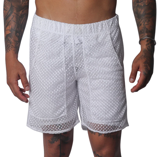 White short athletic-style shorts in a semi-sheer, open-weave mesh fabric with an elastic waistband and side pockets.