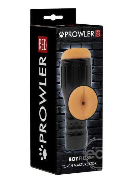 Black and tan silicone prowler red manhole stroker with textured grip for enhanced control and comfort