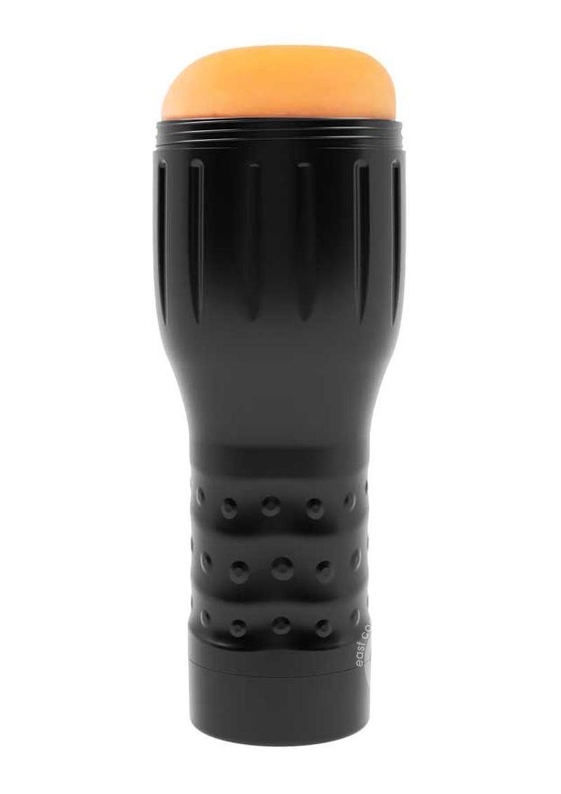 Black plastic prowler red manhole stroker with an orange silicone tip and textured grip sections for adult use
