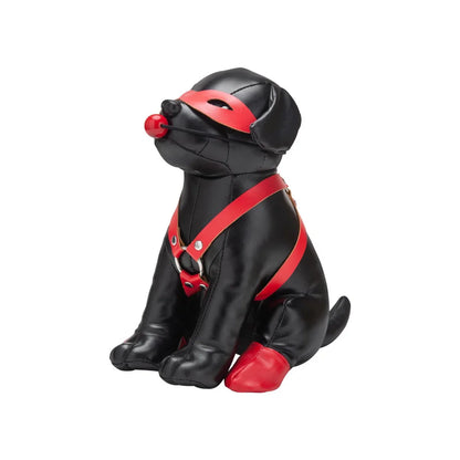 Black faux leather ninja dog figurine prowler red puppy booted up bandit with red mask harness and paw accents