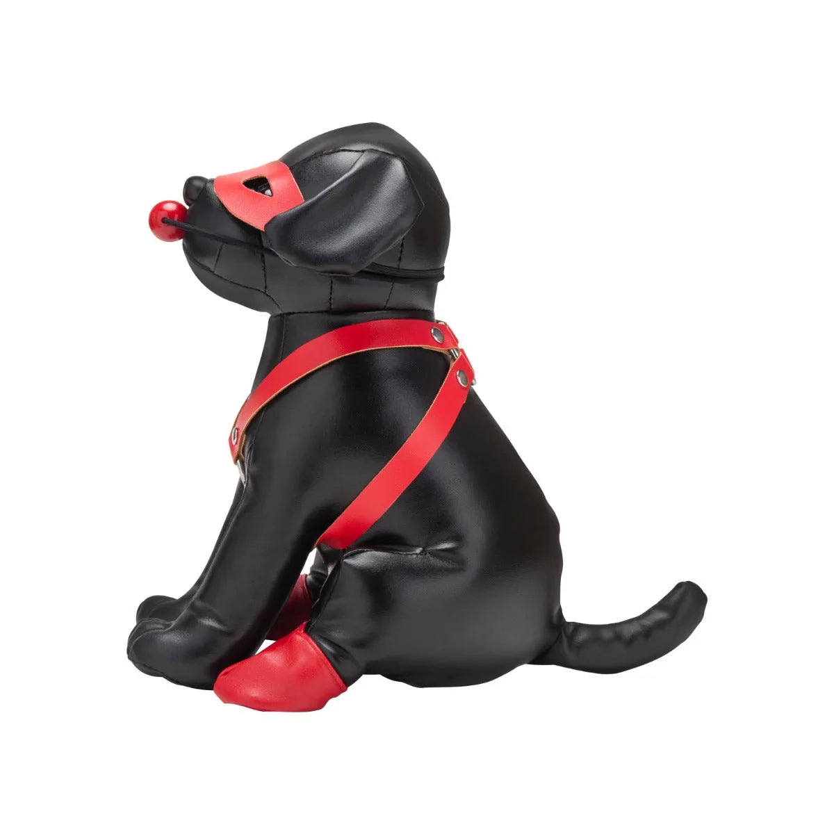 Black faux leather puppy figurine wearing red harness muzzle and paw covers from prowler red puppy booted up bandit