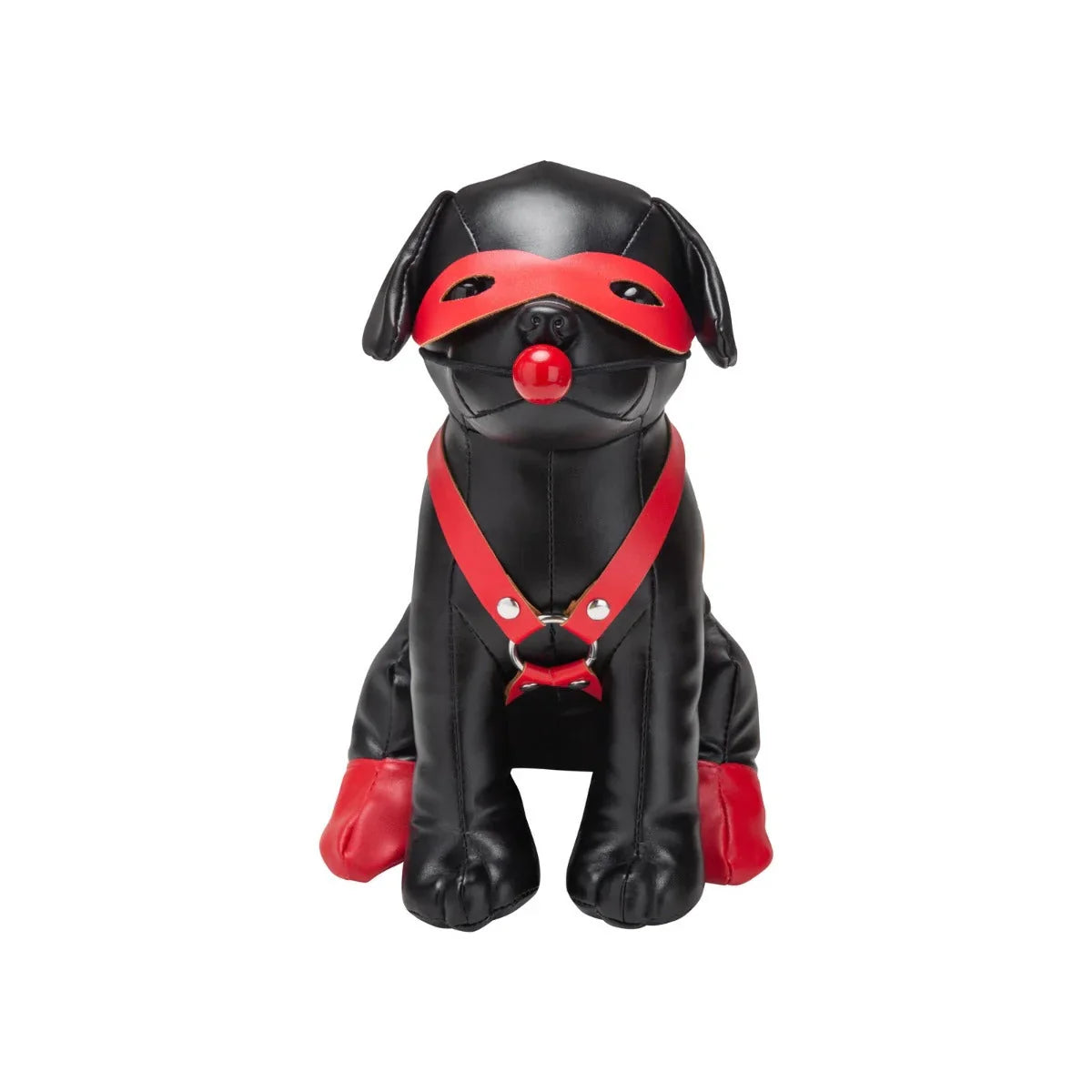 Black leather pug figurine with red mask harness and paw pads from prowler red puppy booted up bandit collection