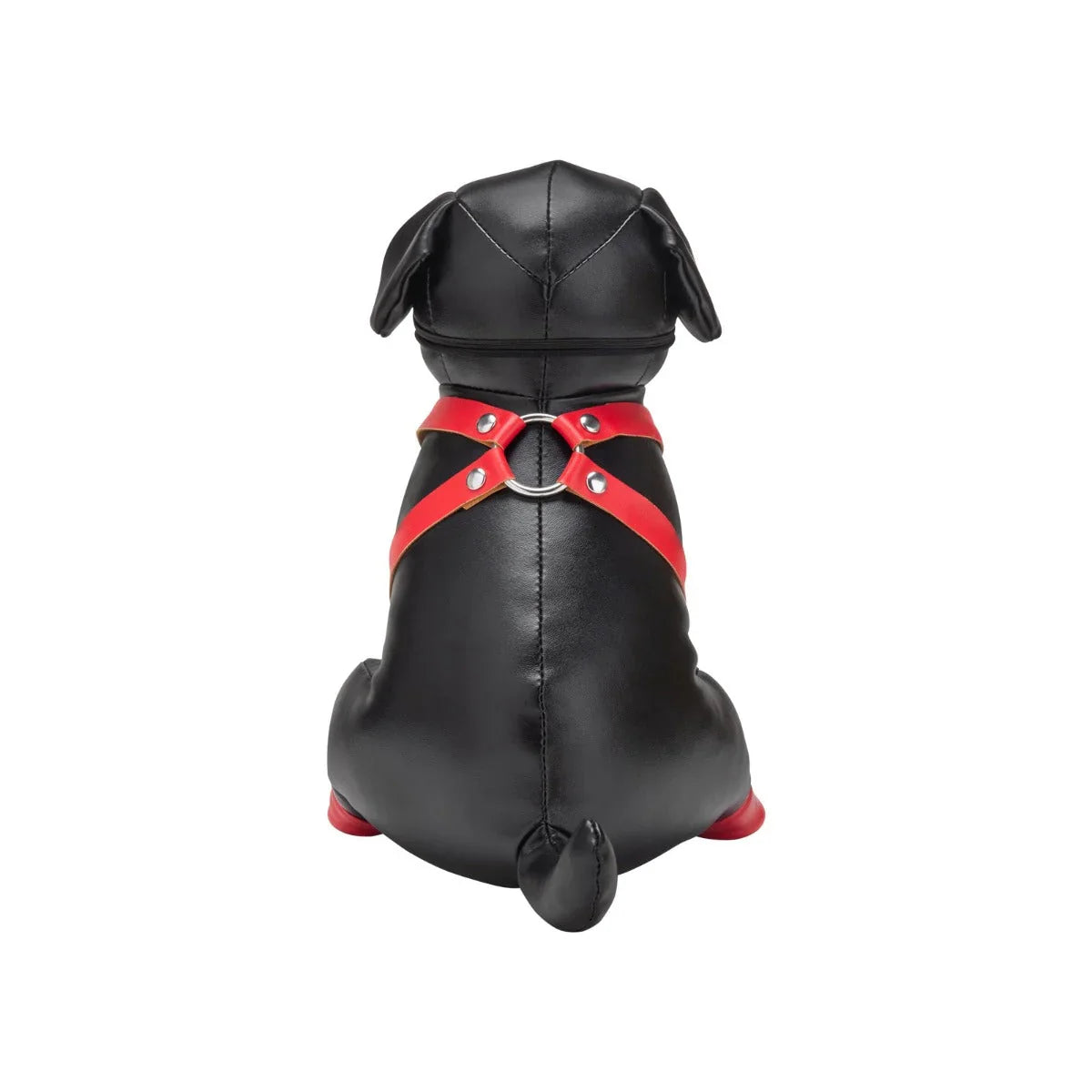 Black faux leather rottweiler dog figurine wearing a red harness with silver hardware from prowler red puppy booted up bandit