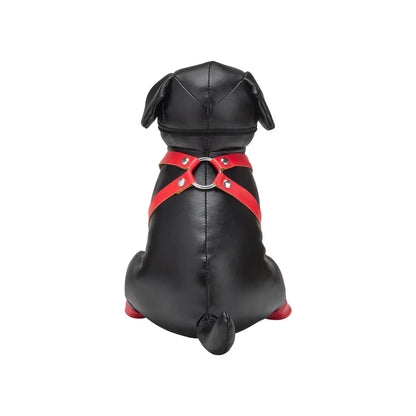 Black faux leather rottweiler dog figurine wearing a red harness with silver hardware from prowler red puppy booted up bandit