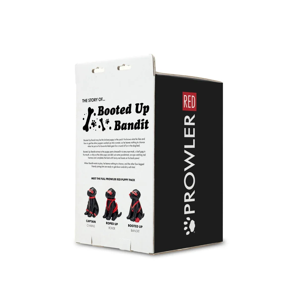 Black and red prowler red puppy booted up bandit box with three illustrated pup characters on the front