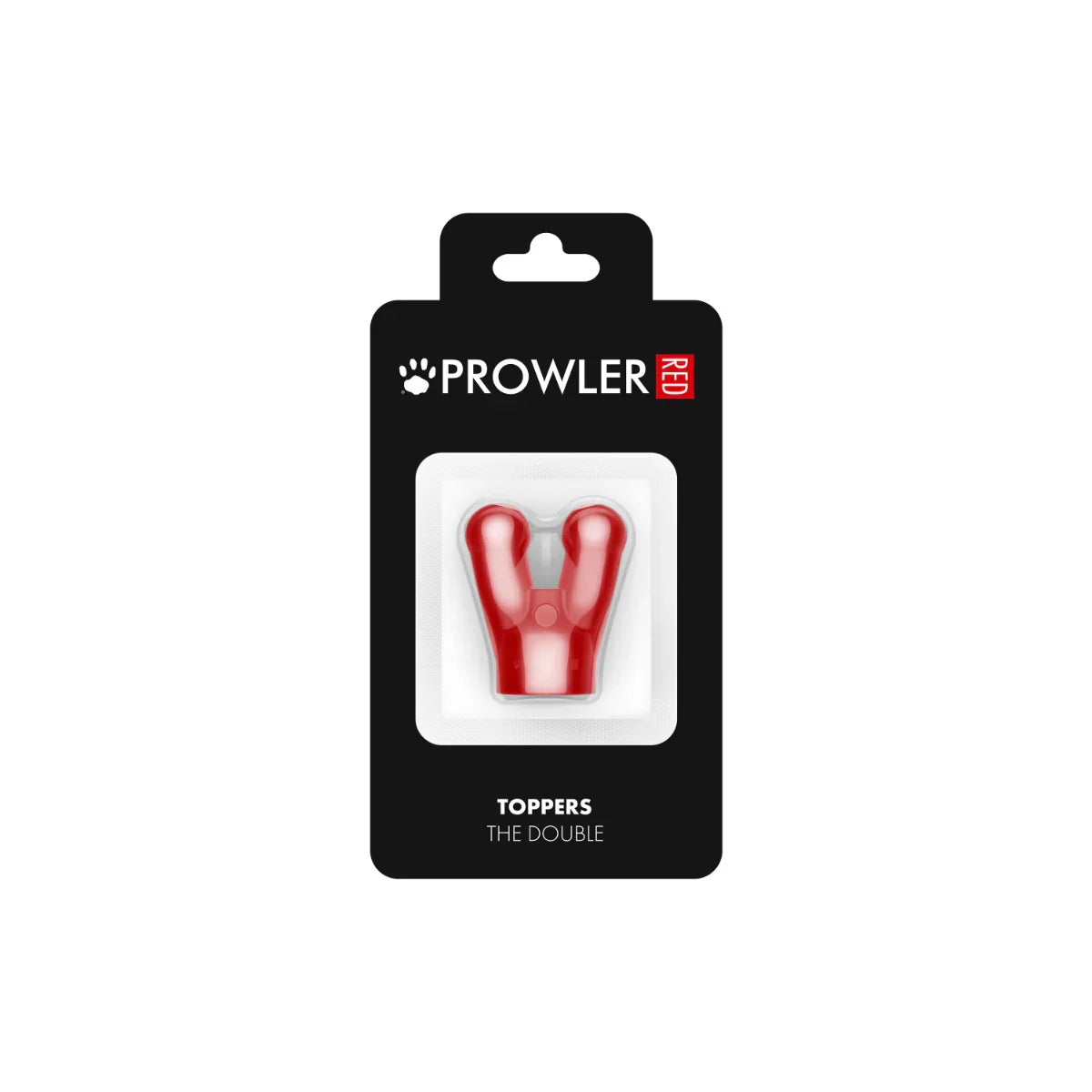 Red plastic y-shaped dog toy made from durable material by prowler red toppers the double cap for chewing and play