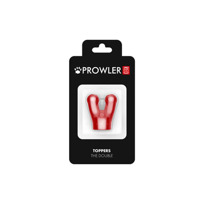 Red plastic y-shaped dog toy made from durable material by prowler red toppers the double cap for chewing and play
