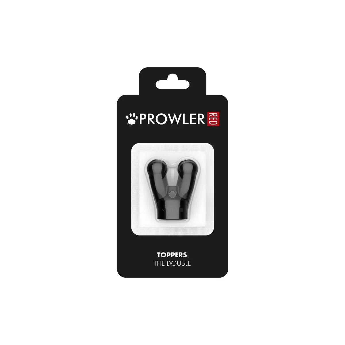 Black plastic dog toy with two prongs branded as Prowler red and labeled toppers the double cap