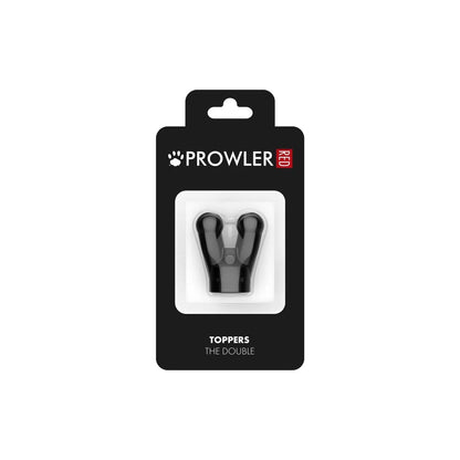 Black plastic dog toy with two prongs branded as Prowler red and labeled toppers the double cap