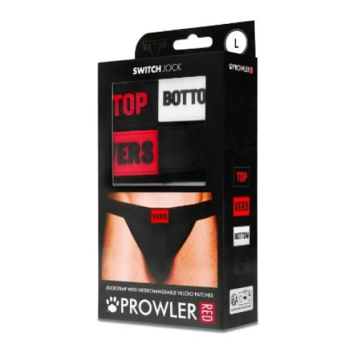Black packaging for prowler switch jockstrap adjustable briefs set with red switch lock and white text labels