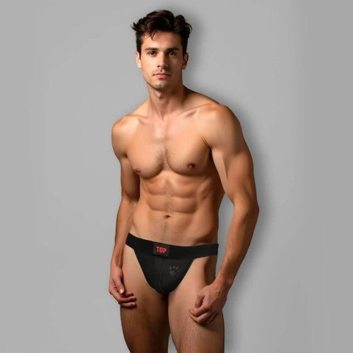 Black athletic briefs with red top logo on waistband designed for prowler switch jockstrap performance wear