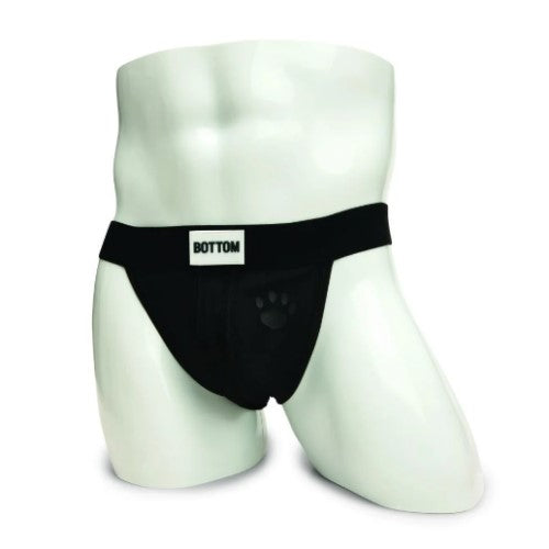 Black athletic briefs with a white bottom label on the waistband from the prowler switch jockstrap collection