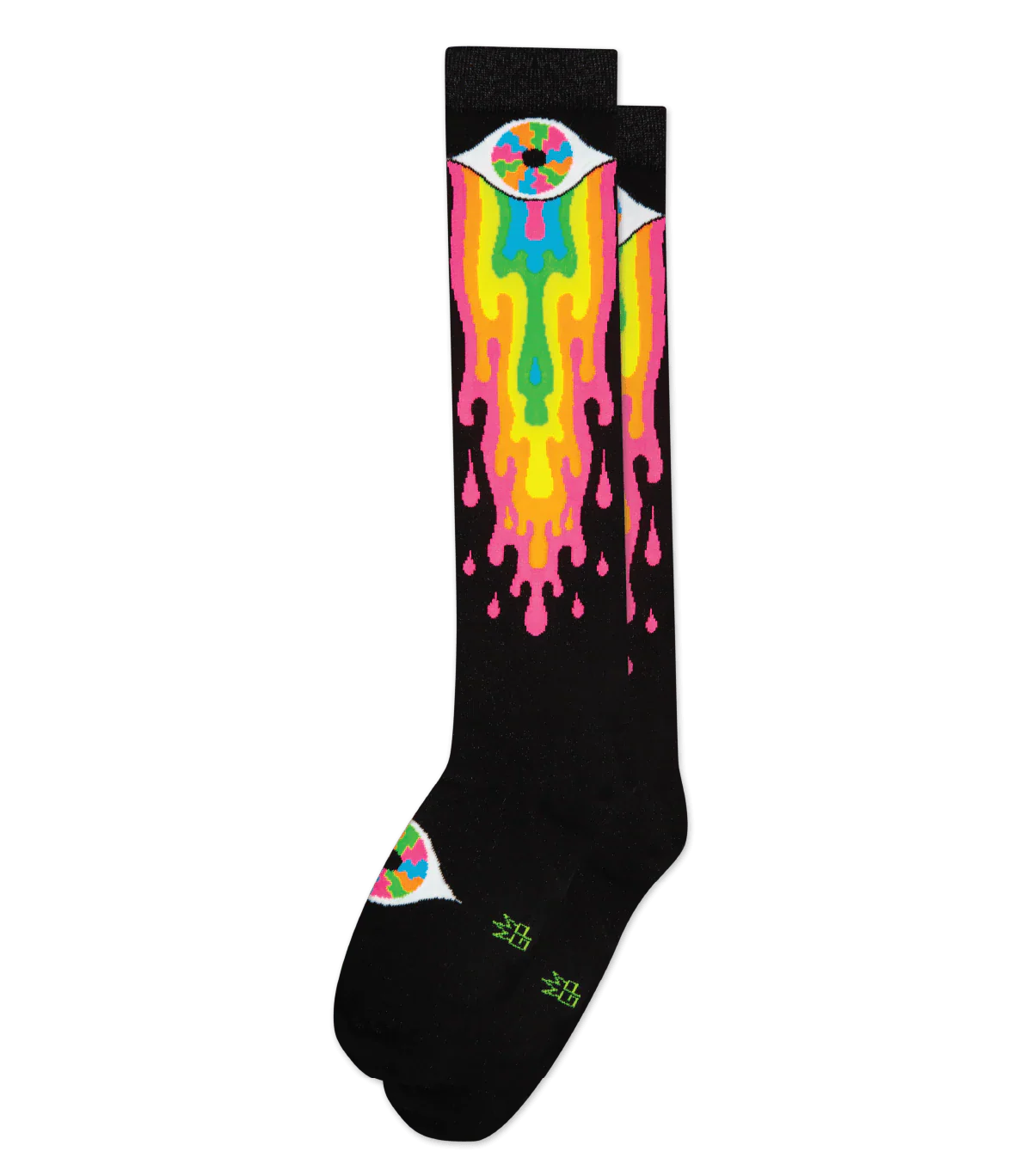 Black knee high sock with a vibrant psychedelic eye design and rainbow-colored liquid dripping from the eye