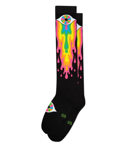 Black knee high sock with a vibrant psychedelic eye design and rainbow-colored liquid dripping from the eye