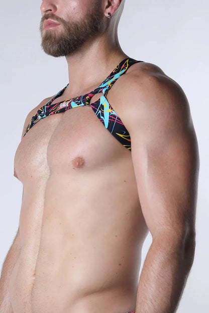 Pulse elastic harness vibrant neon lightning bolt patterned black halter top with bold colorful abstract design