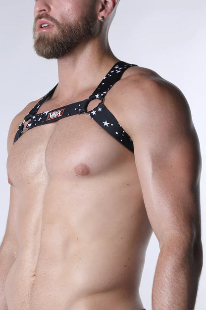 Pulse elastic harness featuring black star-patterned fabric with white stars and a red vix logo on the strap