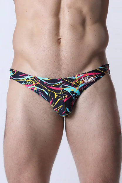 Black pulse swim brief with vibrant neon pink yellow and cyan abstract line patterns for swimming and beachwear