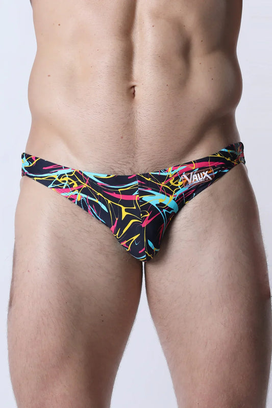 Black pulse swim brief with vibrant neon pink yellow and cyan abstract line patterns for swimming and beachwear