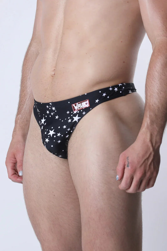 Pulse swim thong black star patterned men’s briefs with red and white value brand logo on waistband